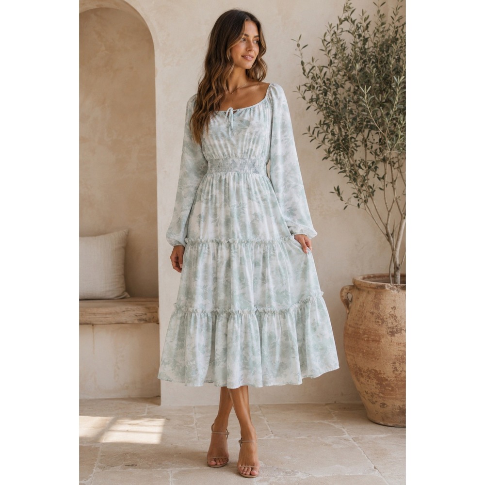 Ivy City Co Sage Green Floral Smocked Midi Dress Prairie Cottagecore Tiered 1X
